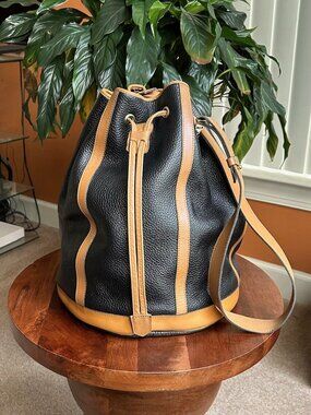 CHRISTIAN DIOR Calfskin Drawstring Bucket Bag, Black and Camel Tan